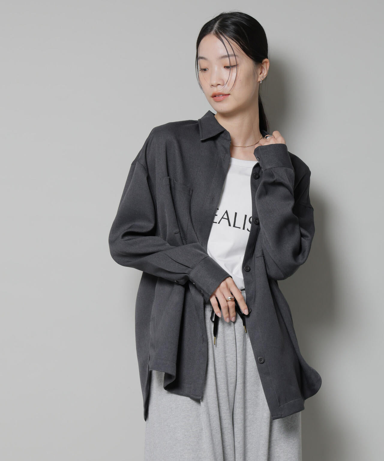 ウール ライク ポリエステル ワイド シルエット シャツ ( セットアップ 可)