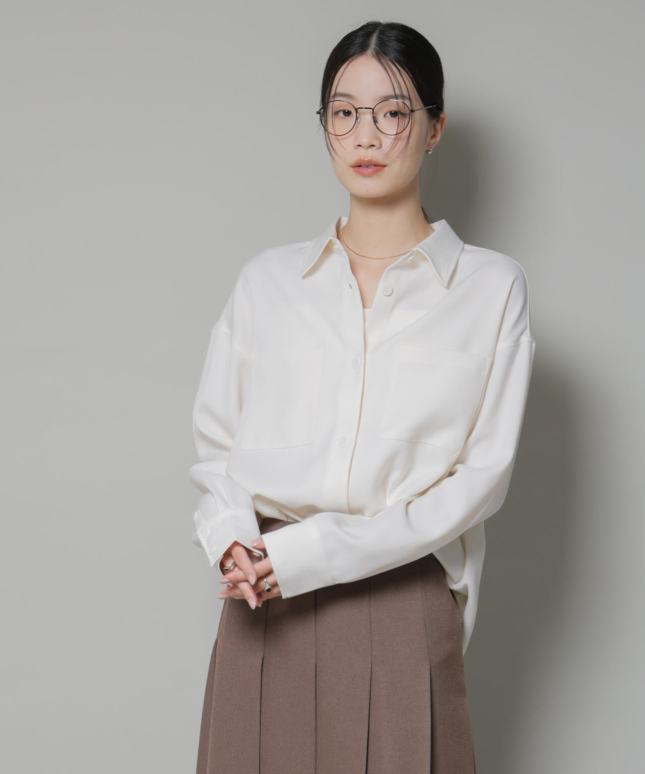 ウール ライク ポリエステル ワイド シルエット シャツ ( セットアップ 可)