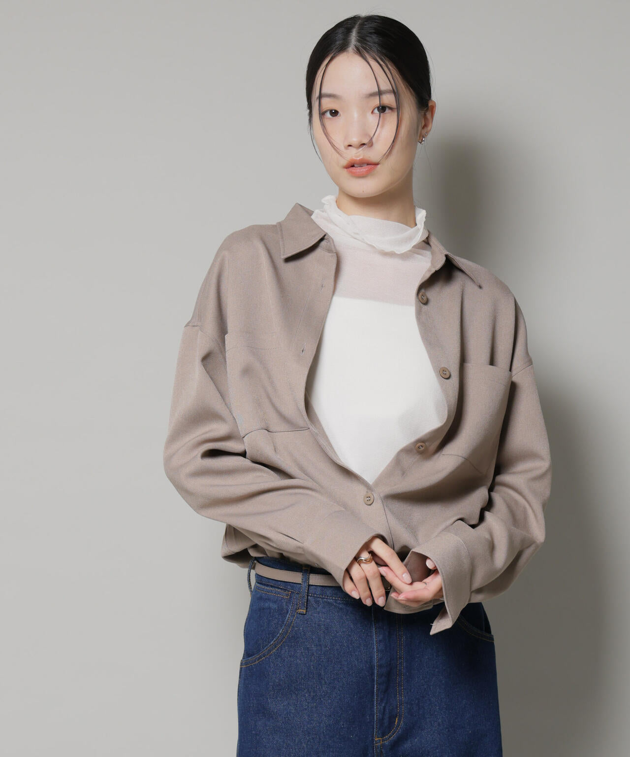 ウール ライク ポリエステル ワイド シルエット シャツ ( セットアップ 可)