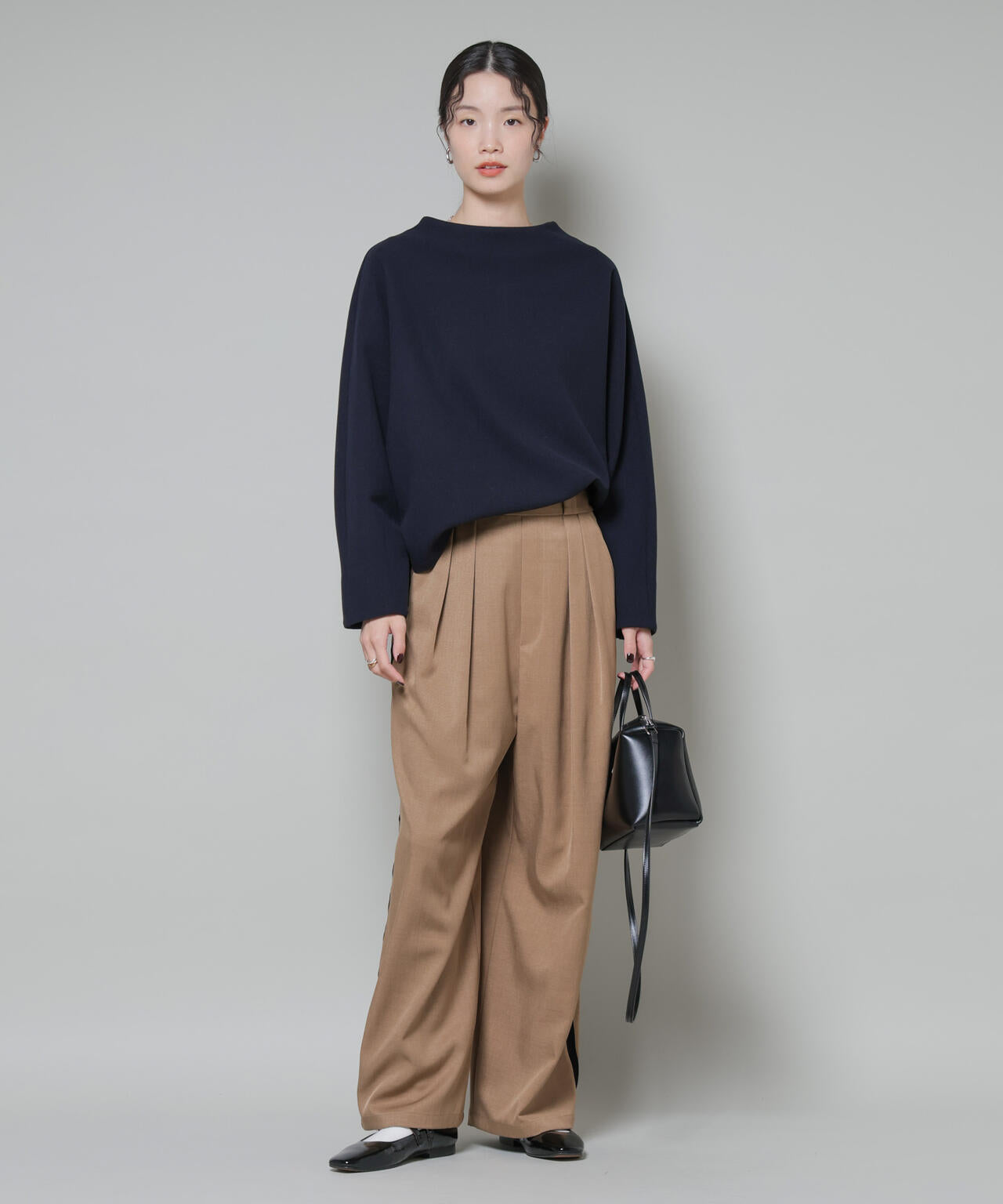 ソフトメルトンジャージータックスリーブモックネックトップス(セットアップ可) 6735220315