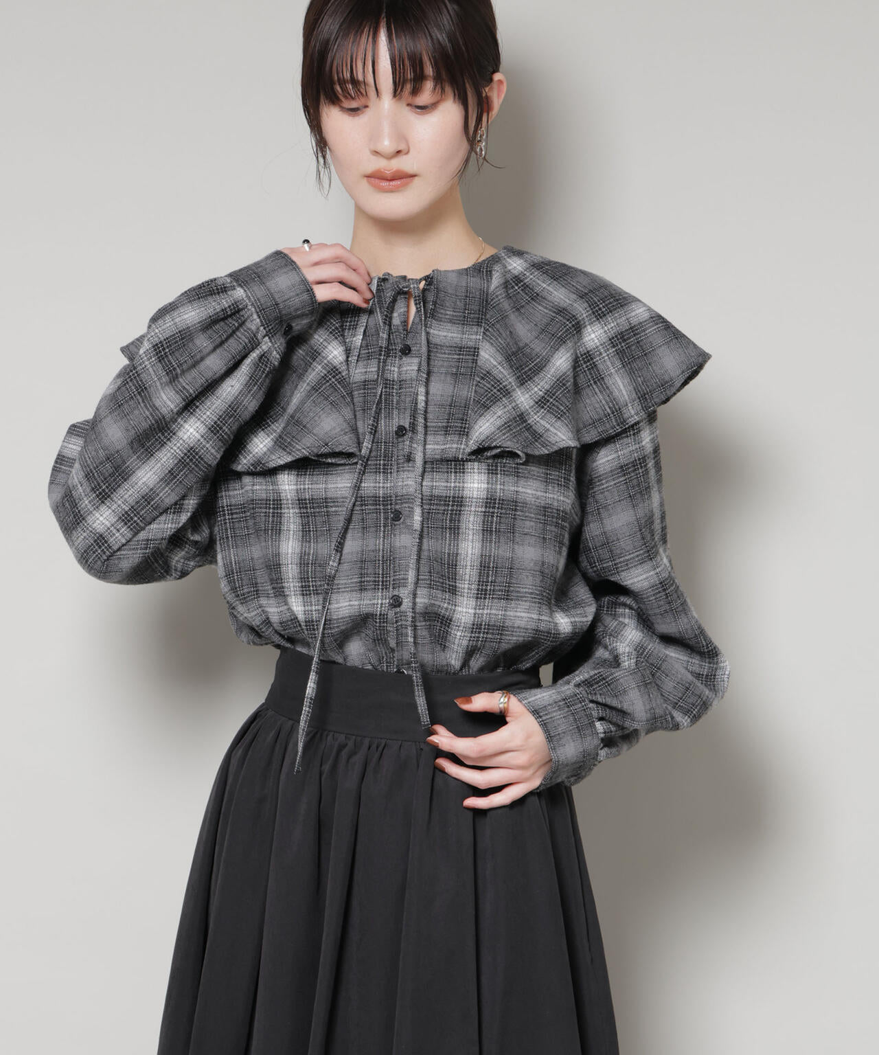 フリルカラー オンブレーチェック ブラウス ( セットアップ 可)