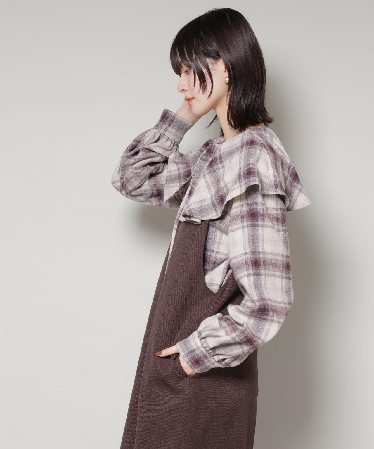 フリルカラーオンブレーチェックブラウス(セットアップ可) 6735220318