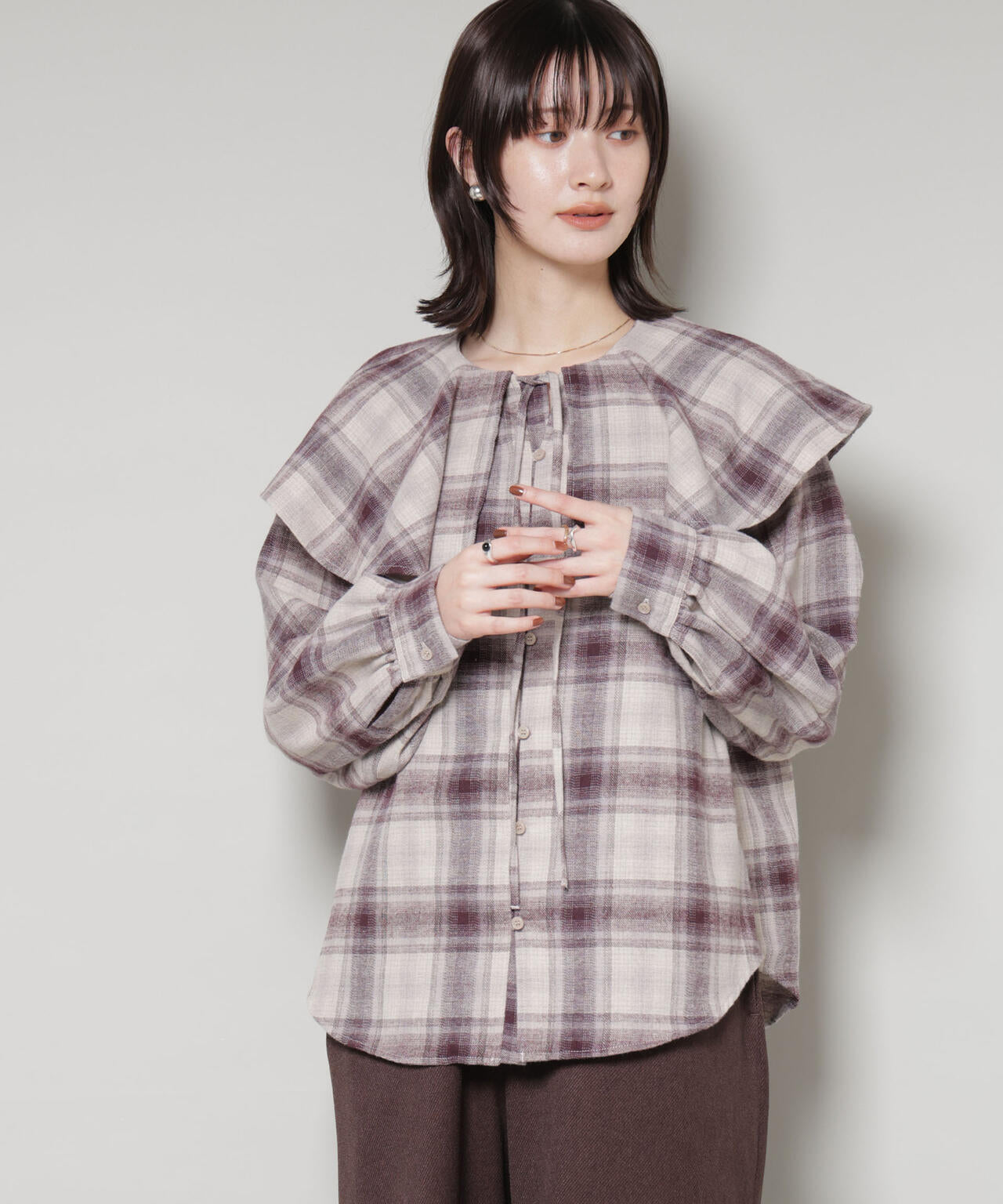 フリルカラーオンブレーチェックブラウス(セットアップ可) 6735220318