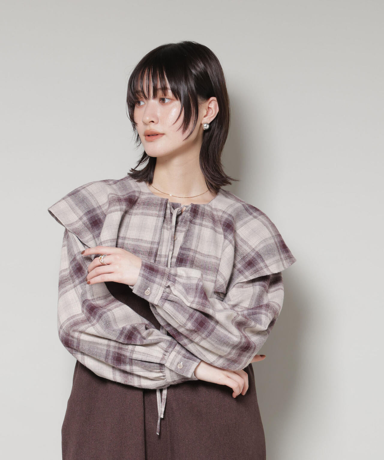 フリルカラー オンブレーチェック ブラウス ( セットアップ 可)