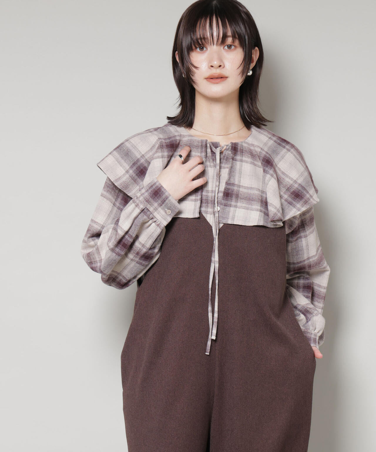フリルカラーオンブレーチェックブラウス(セットアップ可)
