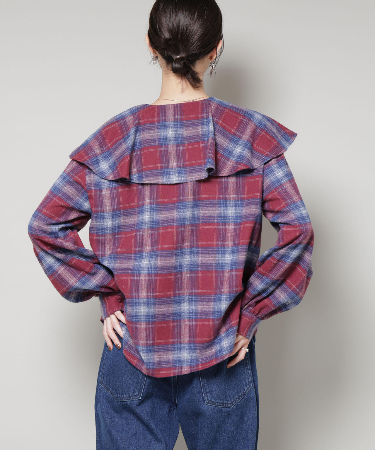 フリルカラーオンブレーチェックブラウス(セットアップ可) 6735220318