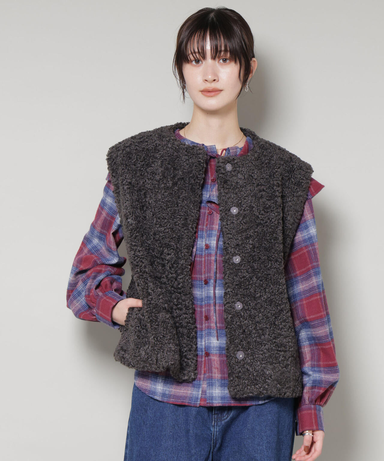 フリルカラーオンブレーチェックブラウス(セットアップ可) 6735220318