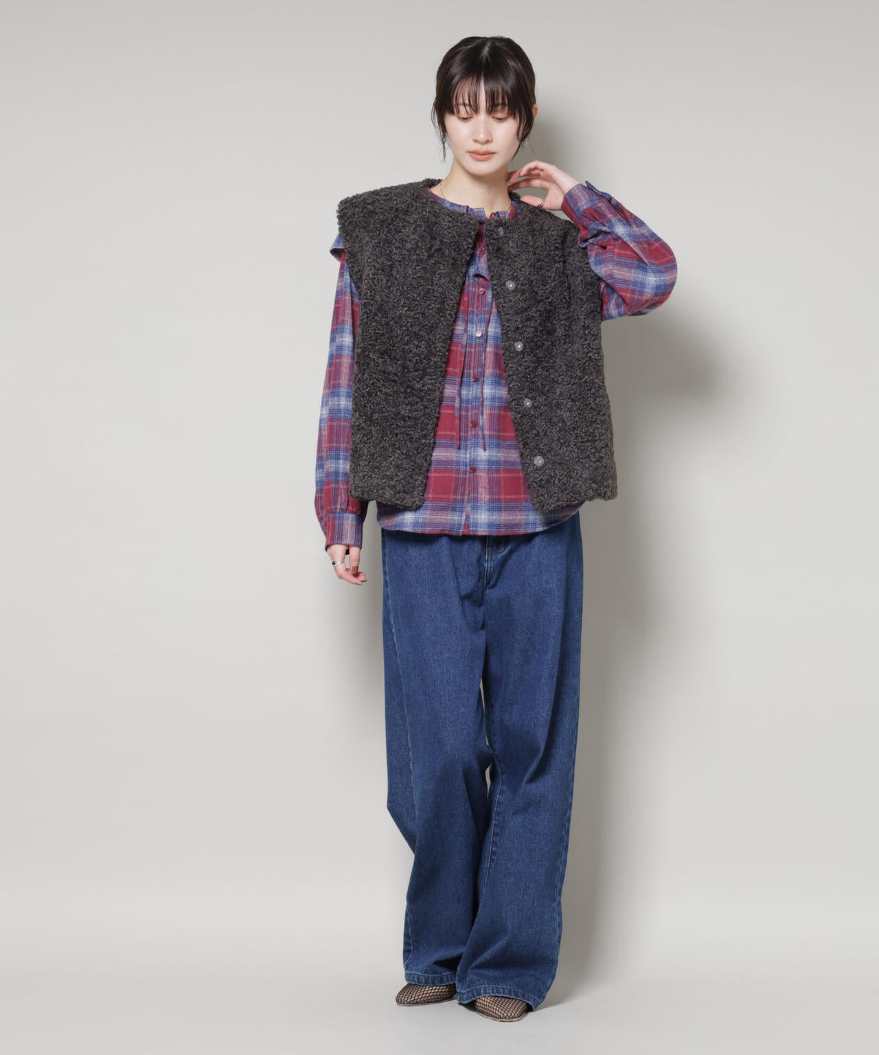 フリルカラーオンブレーチェックブラウス(セットアップ可) 6735220318