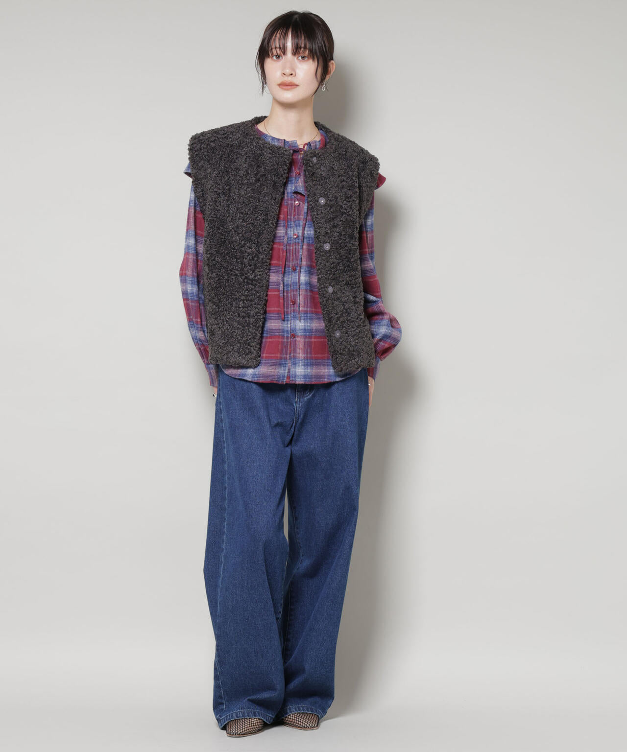 フリルカラーオンブレーチェックブラウス(セットアップ可) 6735220318