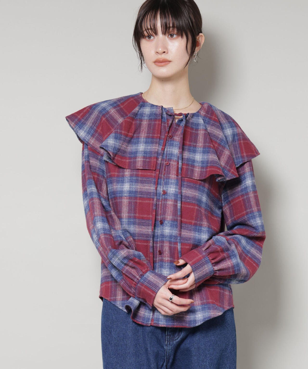 フリルカラー オンブレーチェック ブラウス ( セットアップ 可)