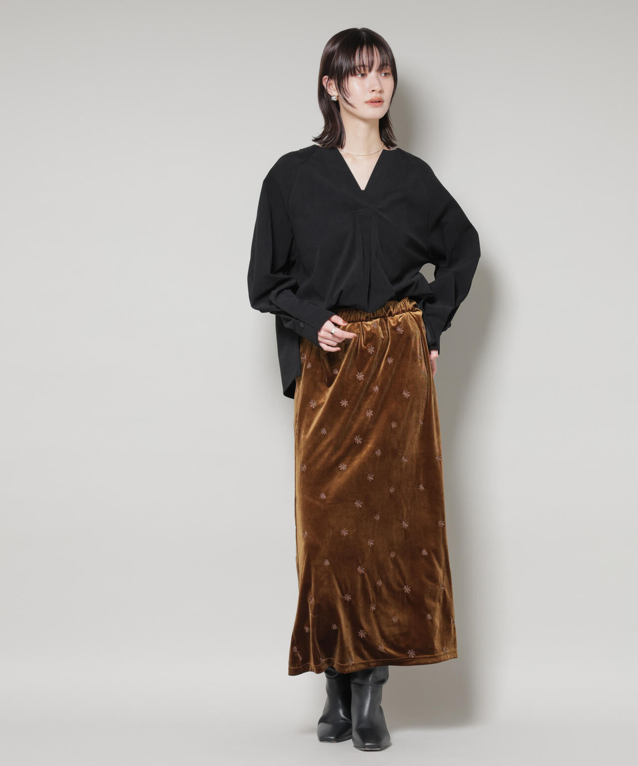 ストレッチ起毛スキッパープルオーバーブラウス(セットアップ可) 6735220319