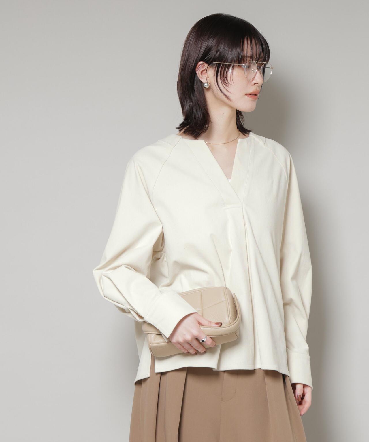 ストレッチ起毛 スキッパー プルオーバー ブラウス ( セットアップ 可)