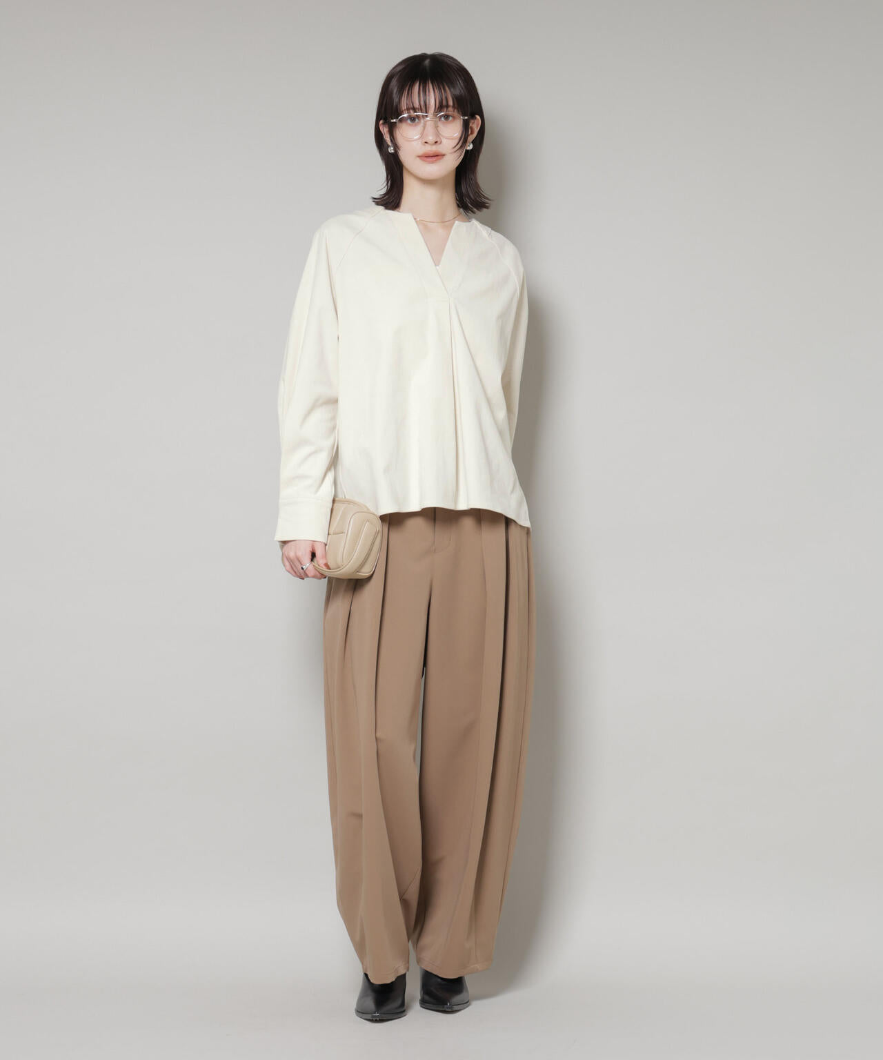 ストレッチ起毛スキッパープルオーバーブラウス(セットアップ可) 6735220319