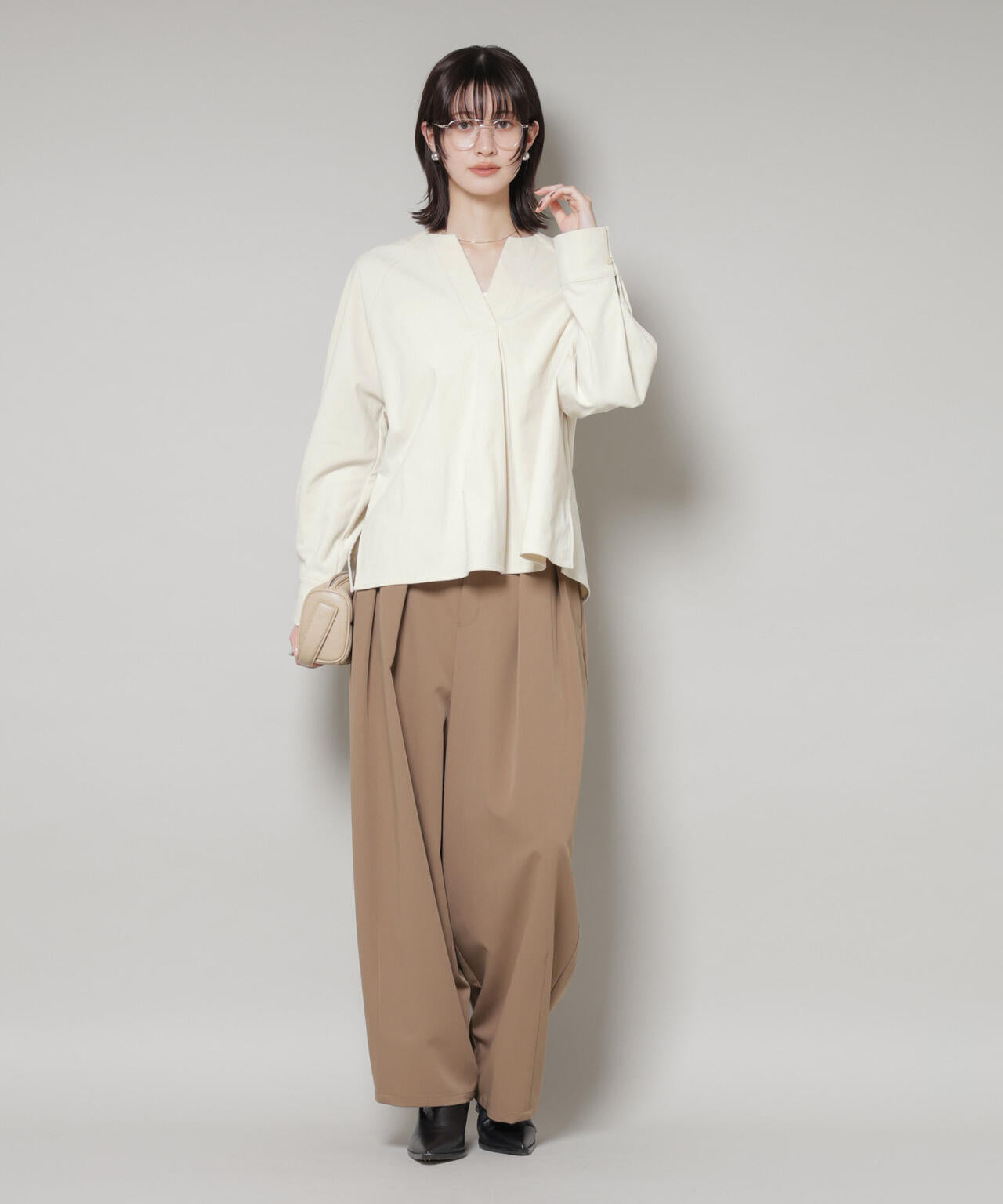 ストレッチ起毛スキッパープルオーバーブラウス(セットアップ可) 6735220319