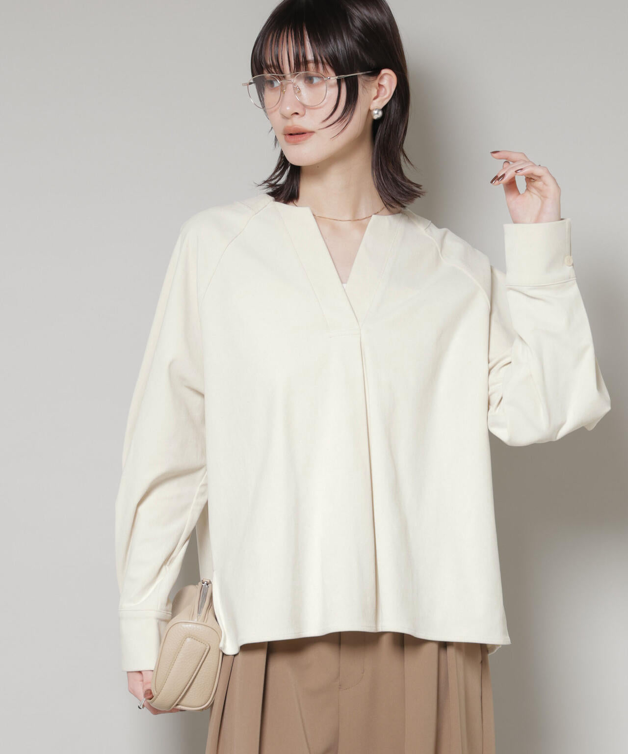 ストレッチ起毛スキッパープルオーバーブラウス(セットアップ可) 6735220319