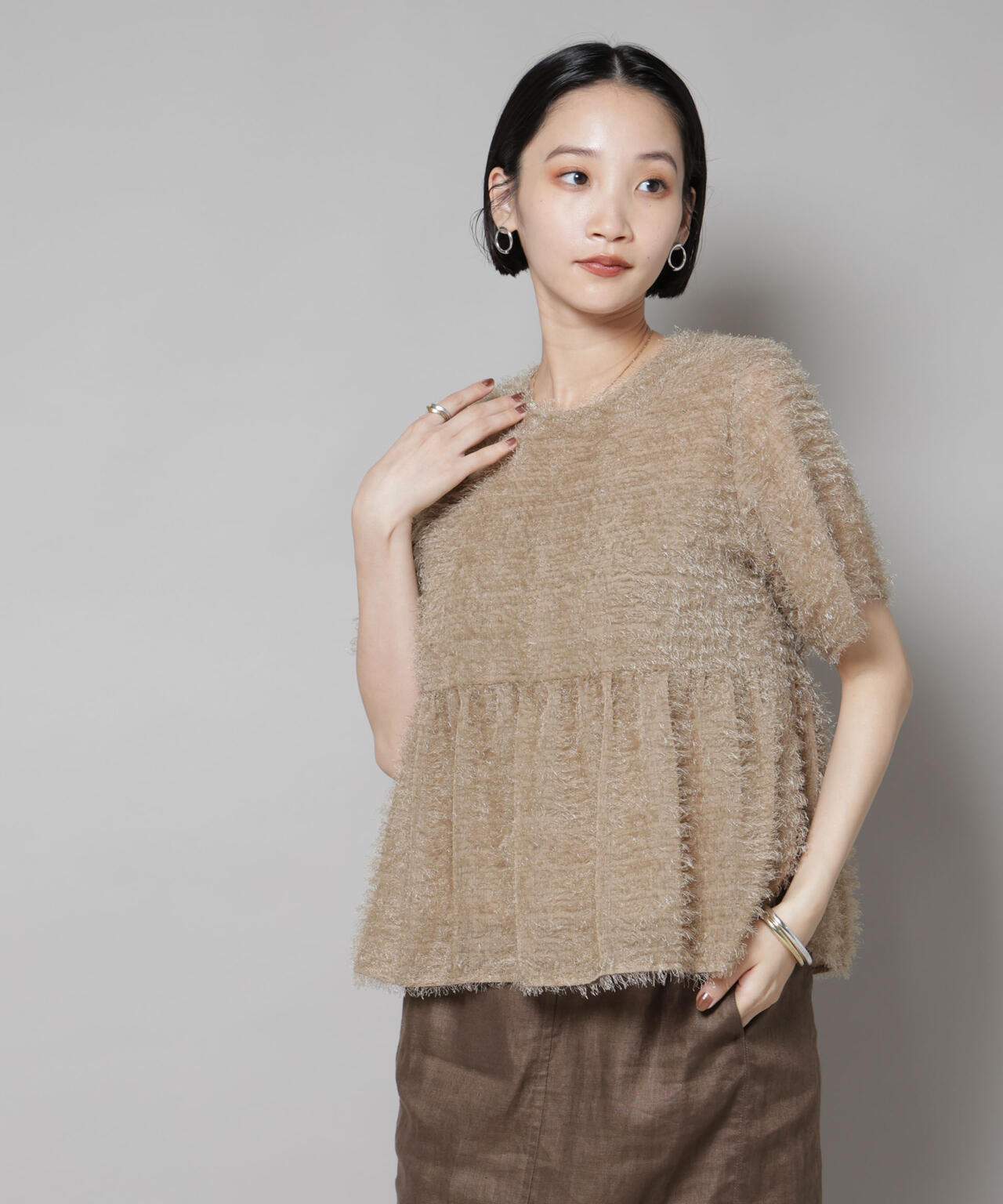 フリンジシフォンギャザーブラウス(セットアップ可) 6735221300