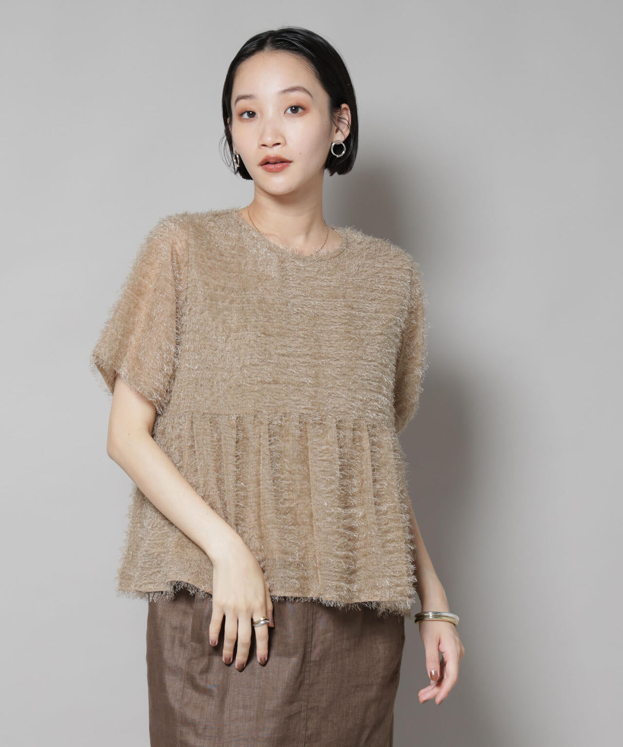 フリンジシフォンギャザーブラウス(セットアップ可)