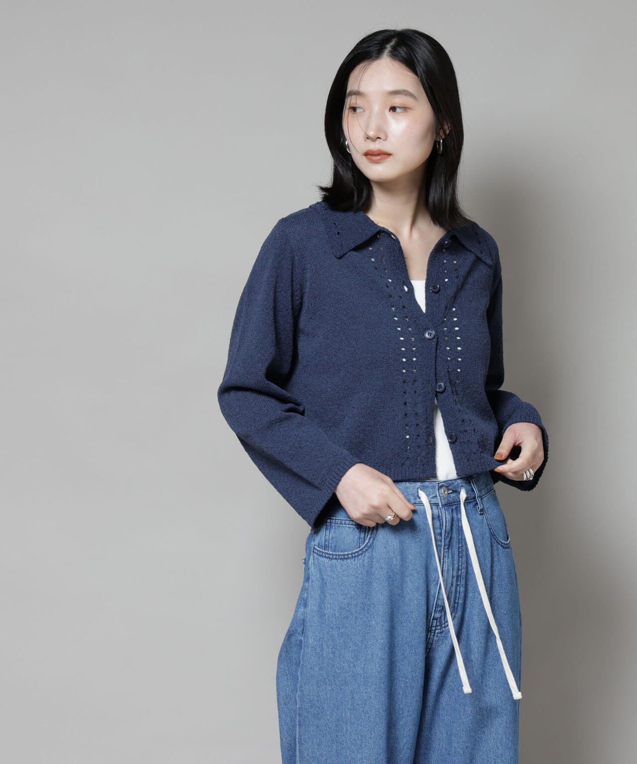 衿付アイレットクロップドニットカーディガン 6735222331