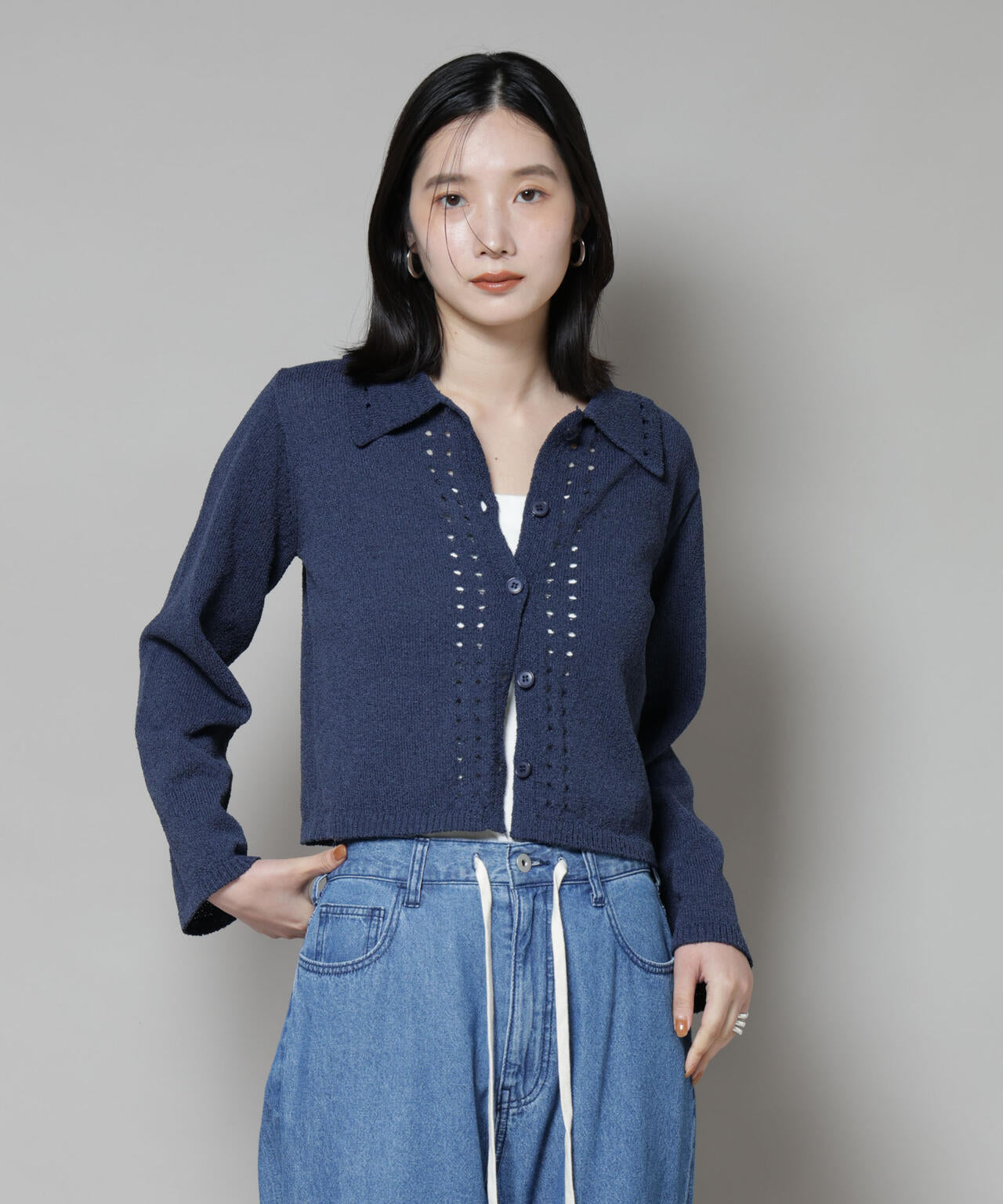 衿付アイレットクロップドニットカーディガン 6735222331