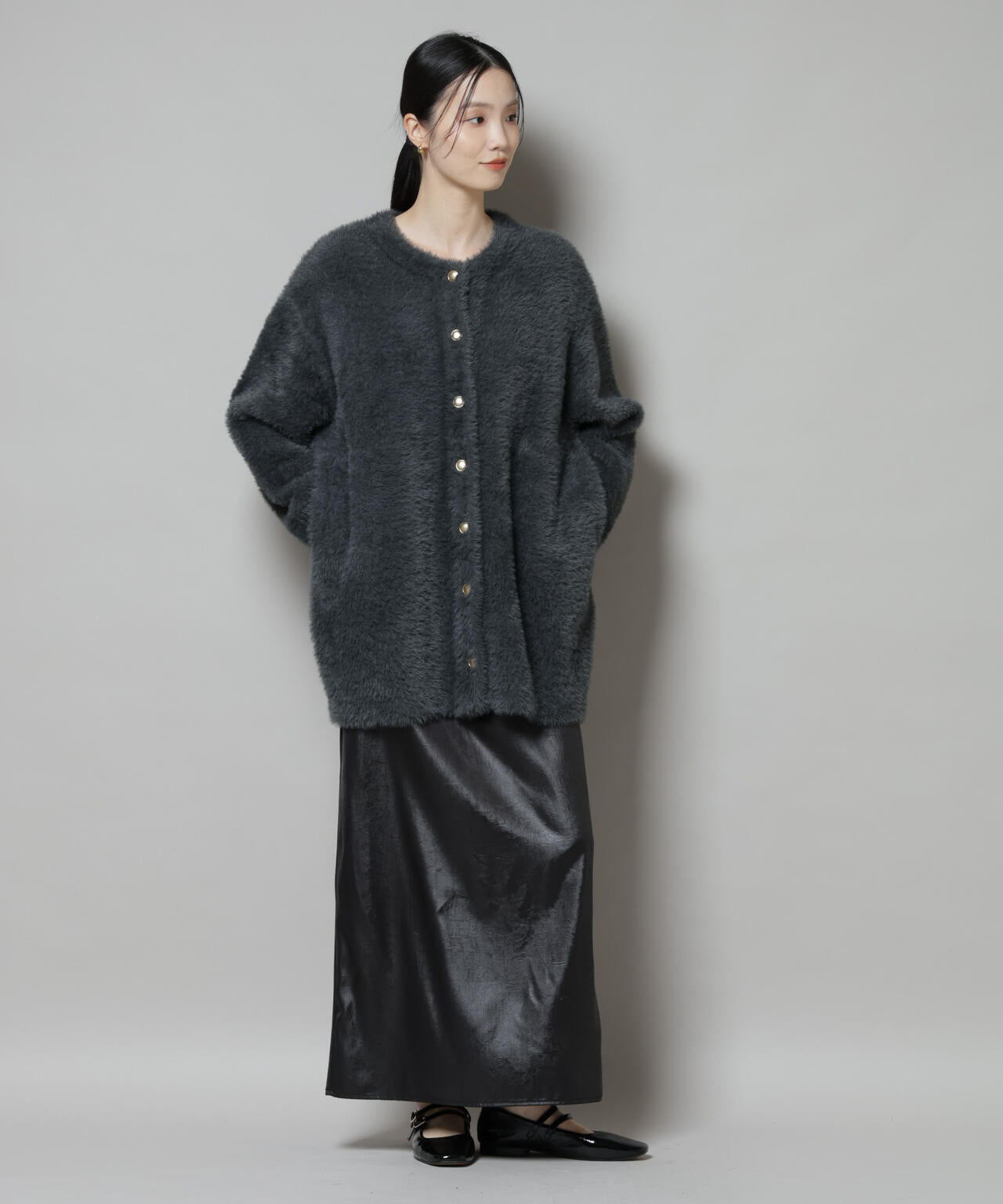 配色 シャギー ニット ジャケット