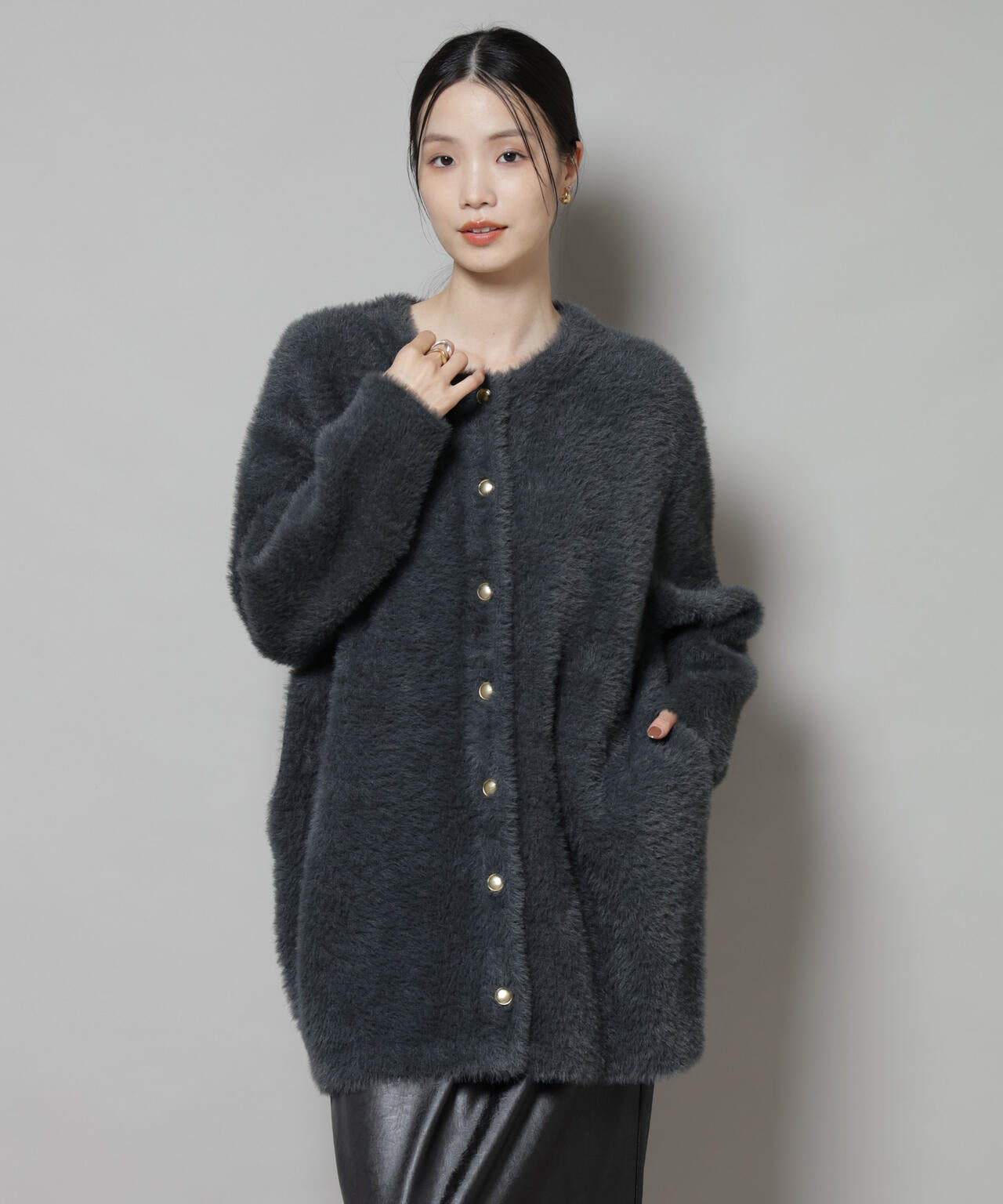 配色 シャギー ニット ジャケット