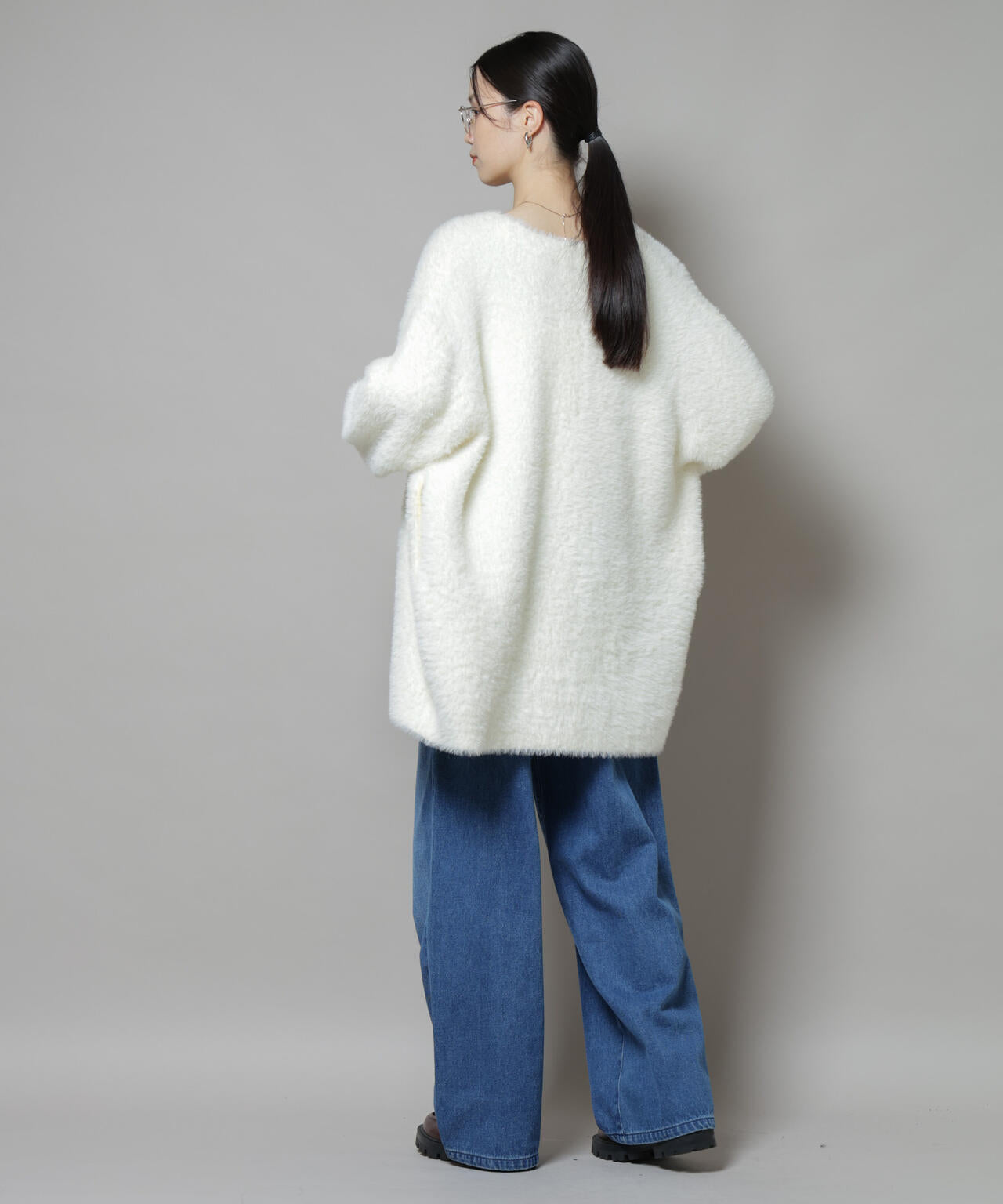 配色 シャギー ニット ジャケット