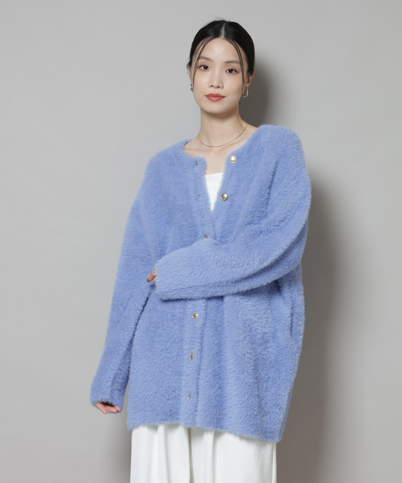 配色 シャギー ニット ジャケット