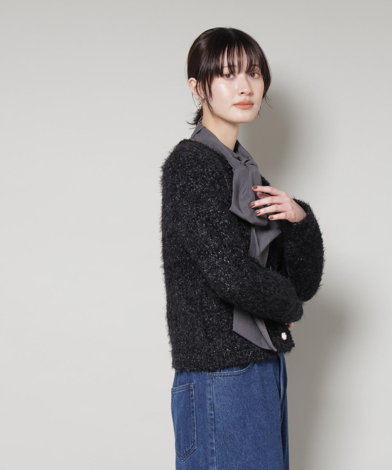 チュール シャギー クルーネック ニット カーディガン