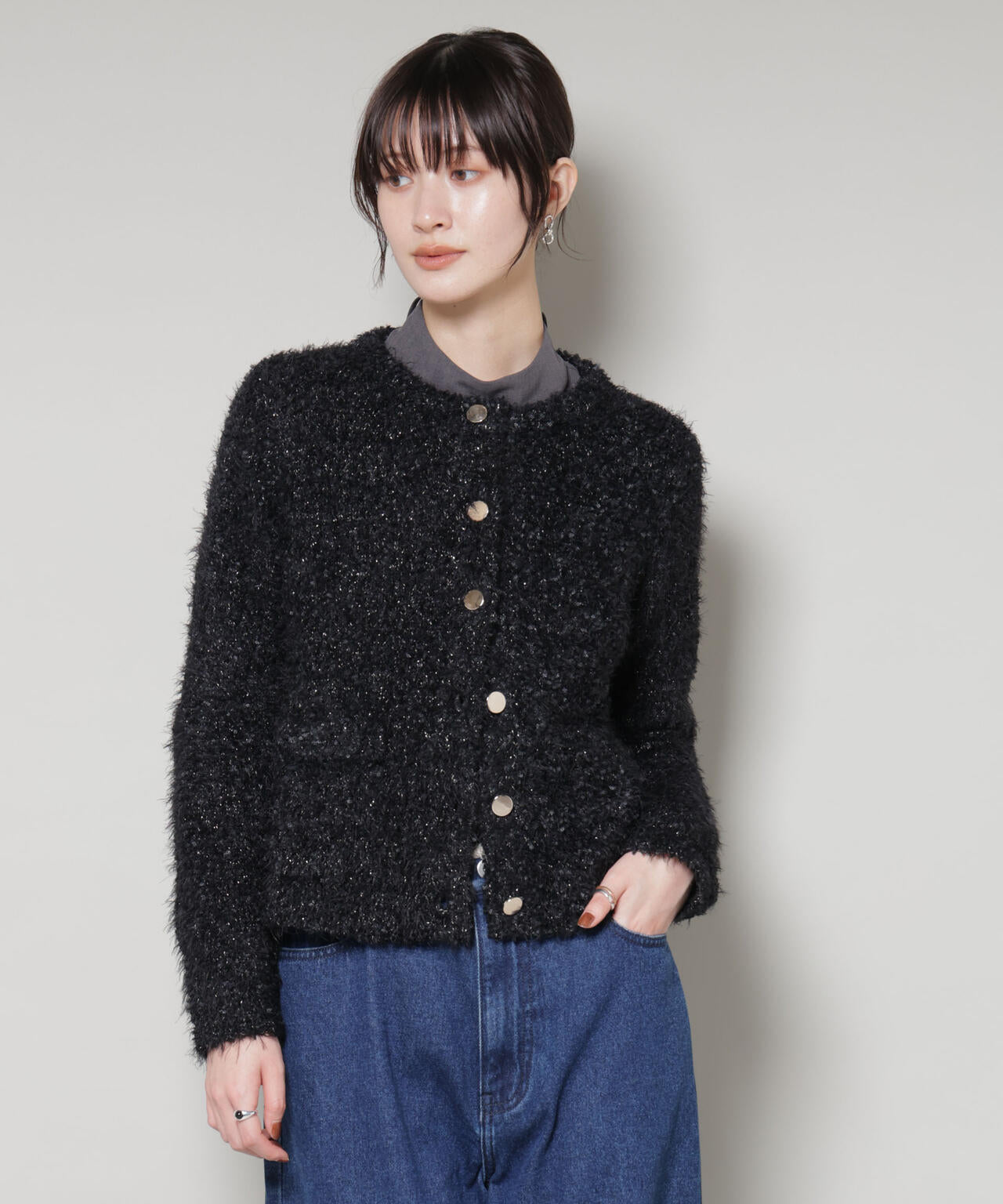 チュールシャギークルーネックニットカーディガン 6735222348