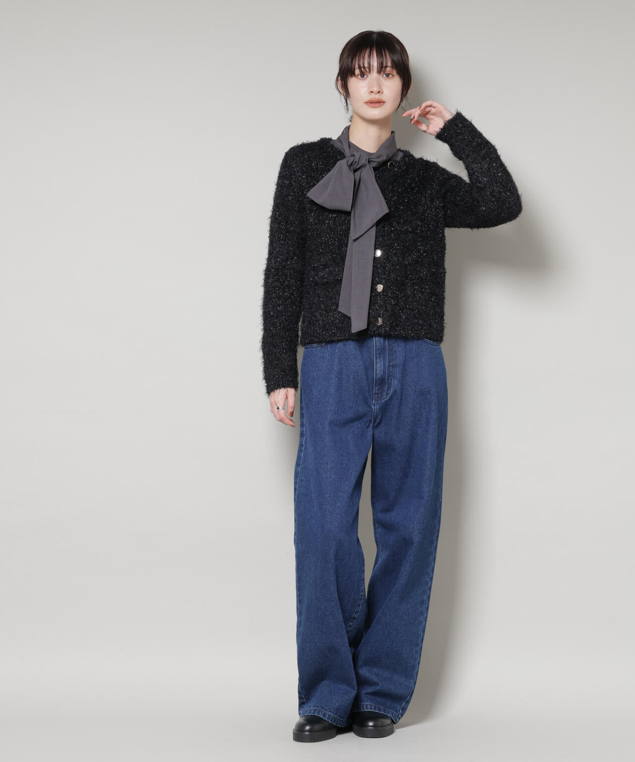 チュールシャギークルーネックニットカーディガン 6735222348