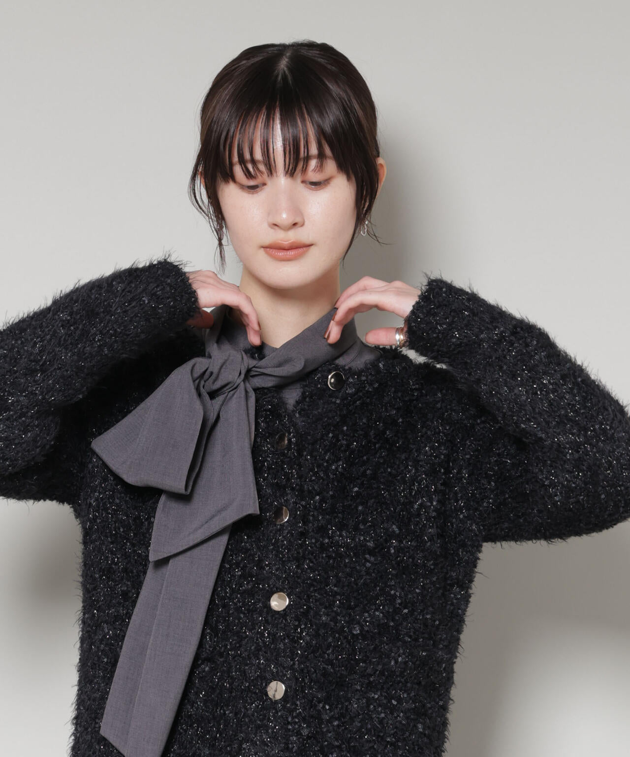 チュール シャギー クルーネック ニット カーディガン