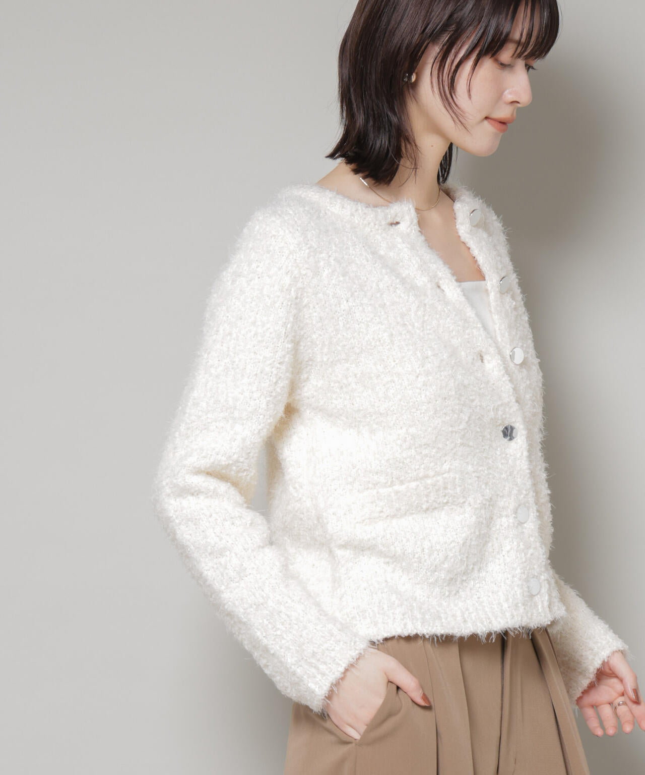 チュールシャギークルーネックニットカーディガン 6735222348