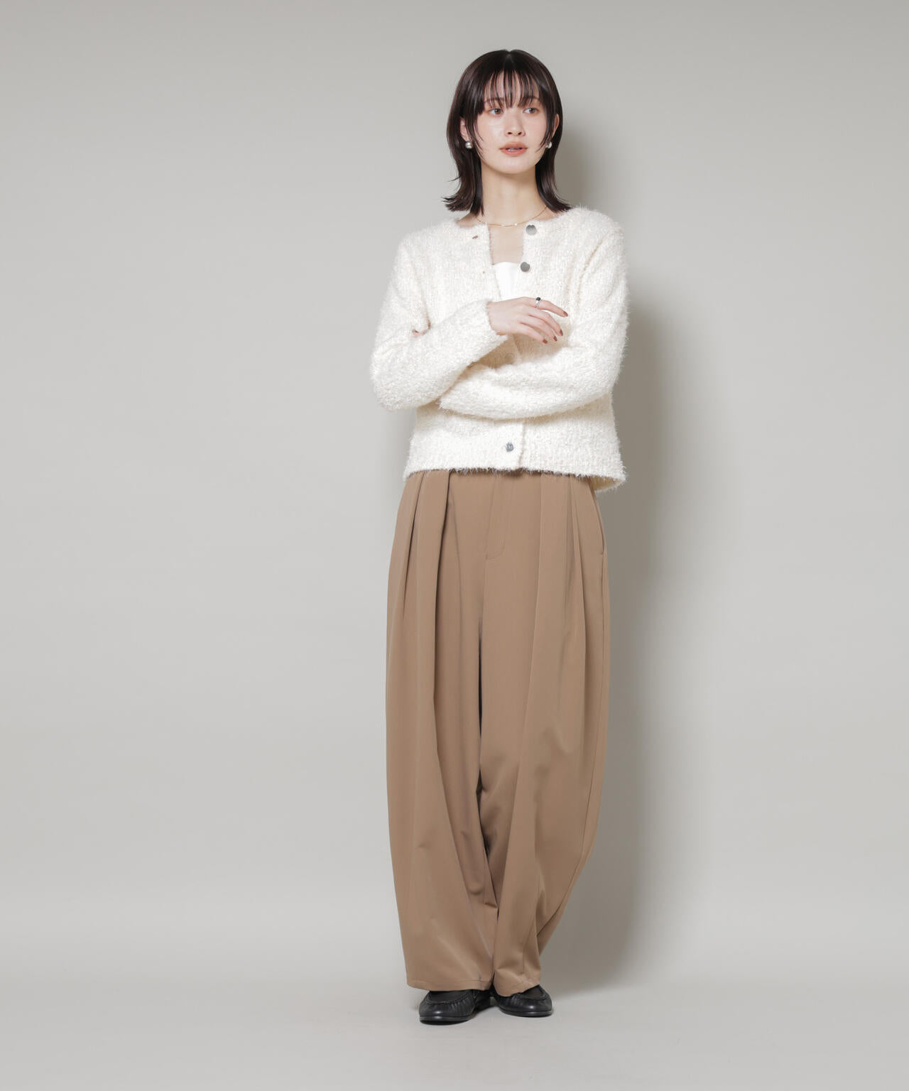 チュールシャギークルーネックニットカーディガン 6735222348