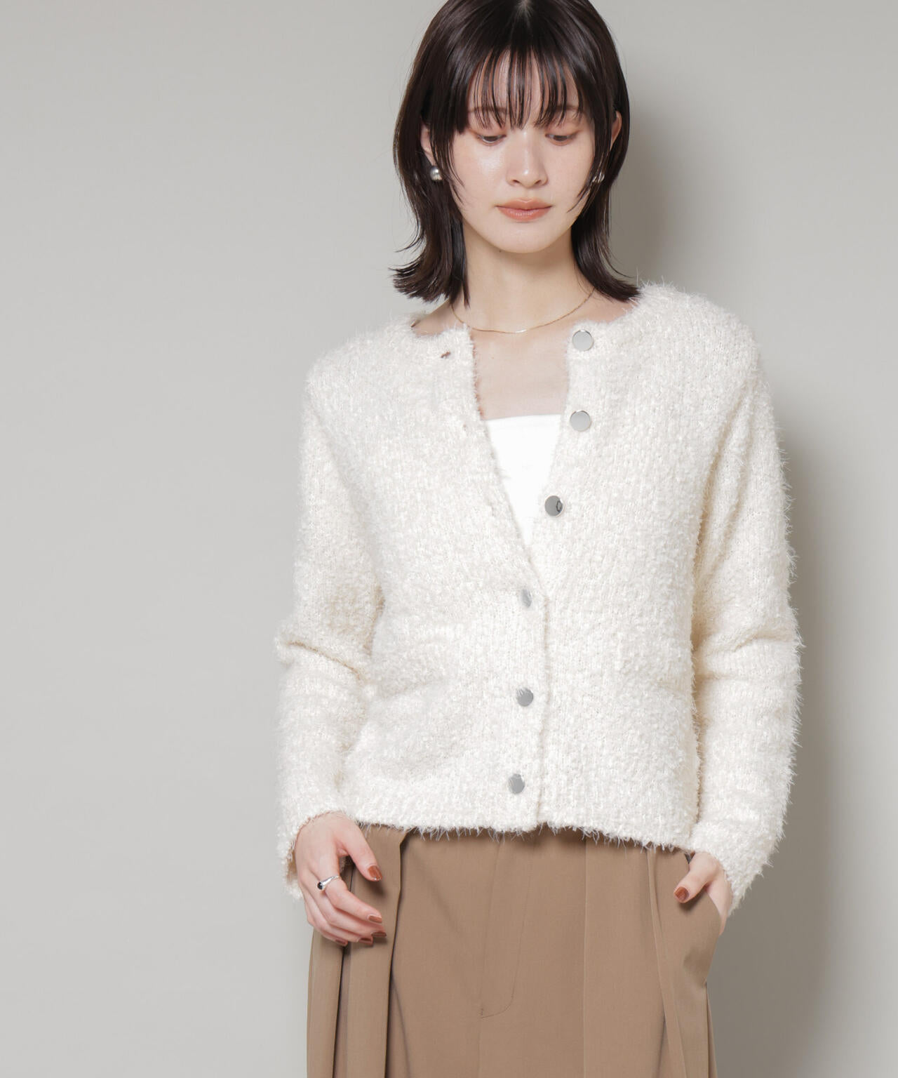 チュールシャギークルーネックニットカーディガン 6735222348