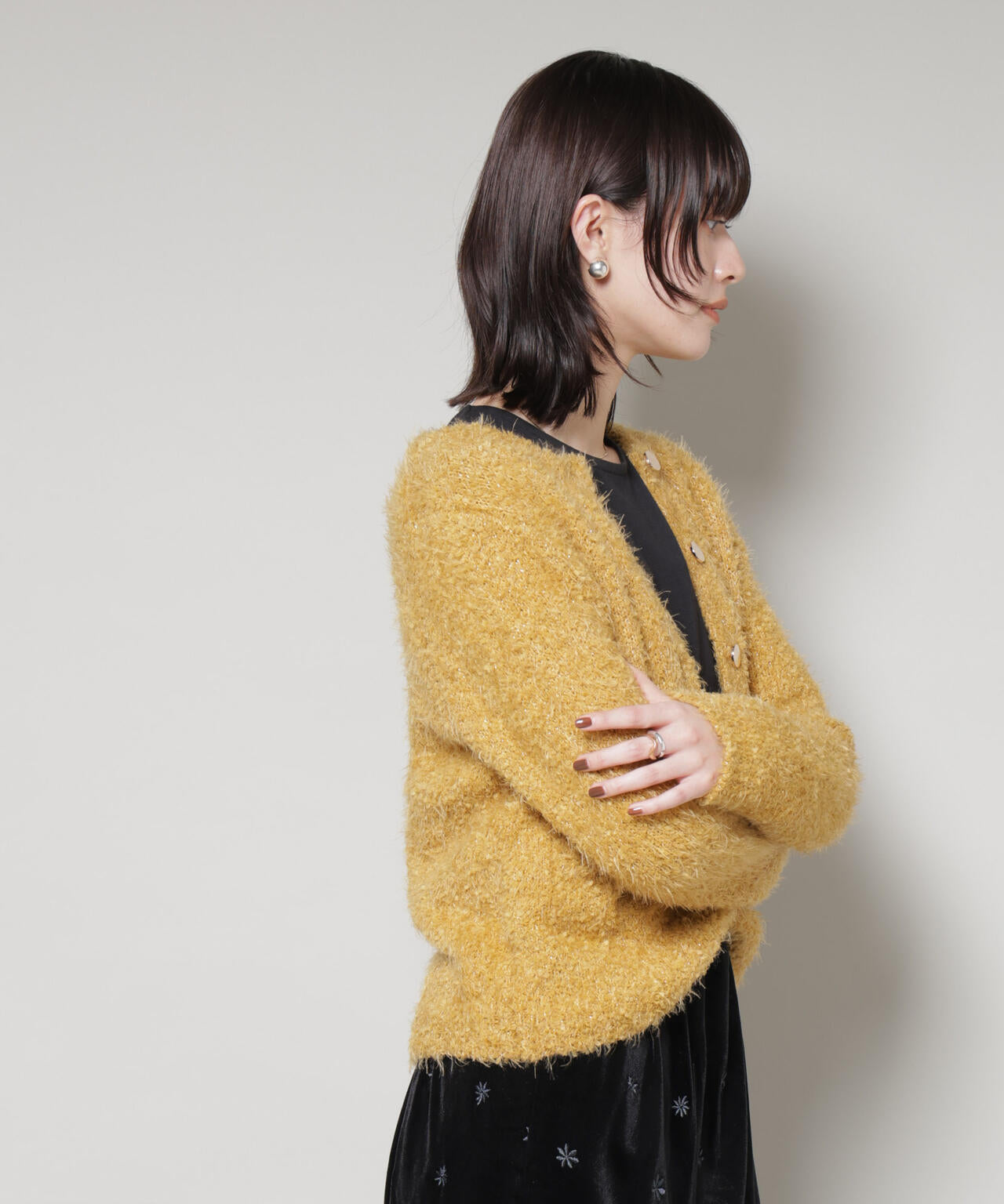 チュール シャギー クルーネック ニット カーディガン