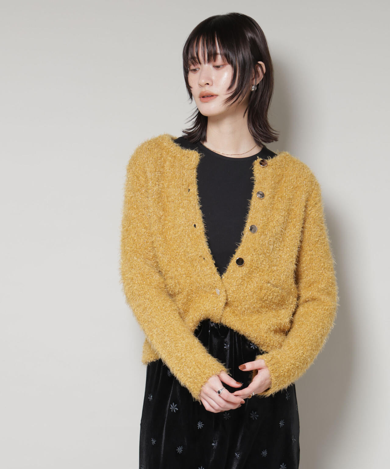 huitieme nid  シャギーニットカーディガン ミドル丈 イエロー SALE70%OFF】 【即納】 ユイティーム・ニ huitieme nid 23winter