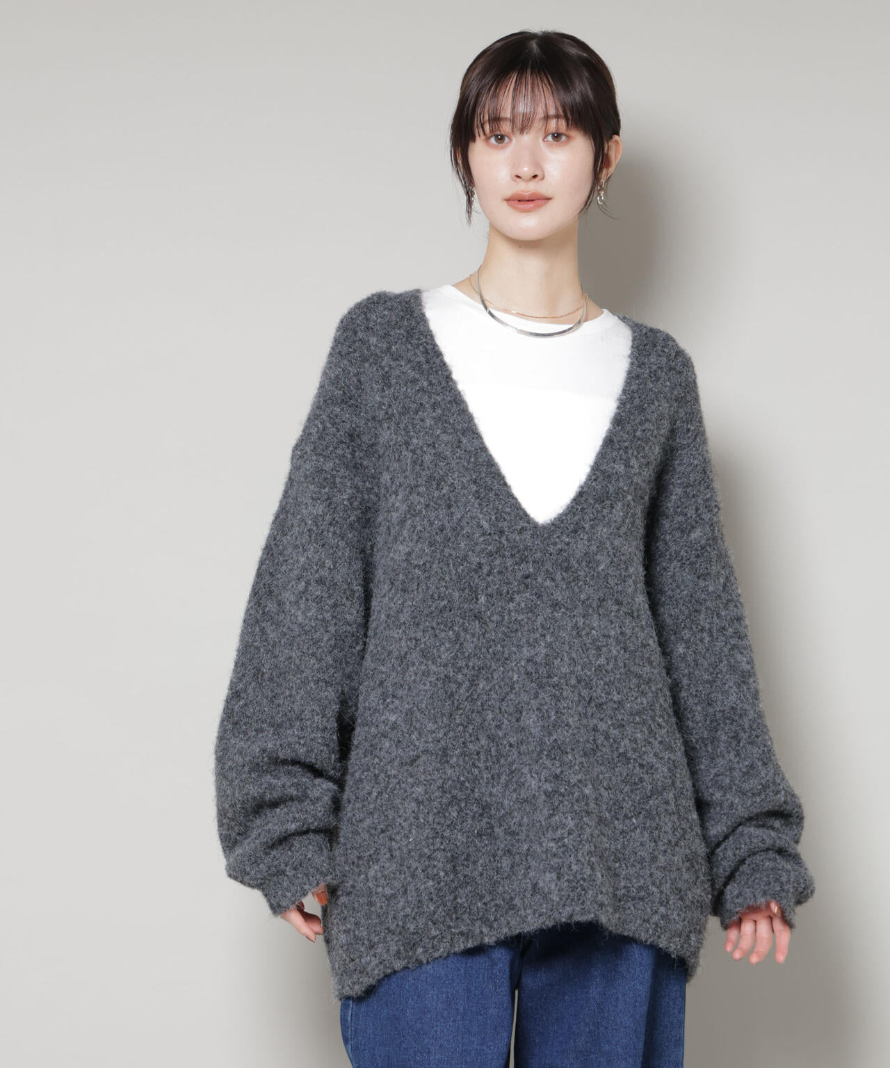深Vネックオーバーニットプルオーバー 6735222351