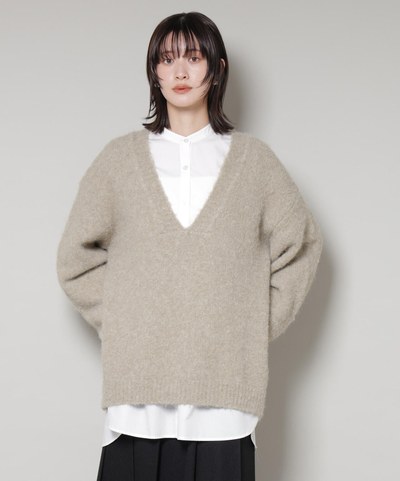 【DECEMBERMAY】Vネックニットプルオーバー 深Vネック オーバー ニット プルオーバー