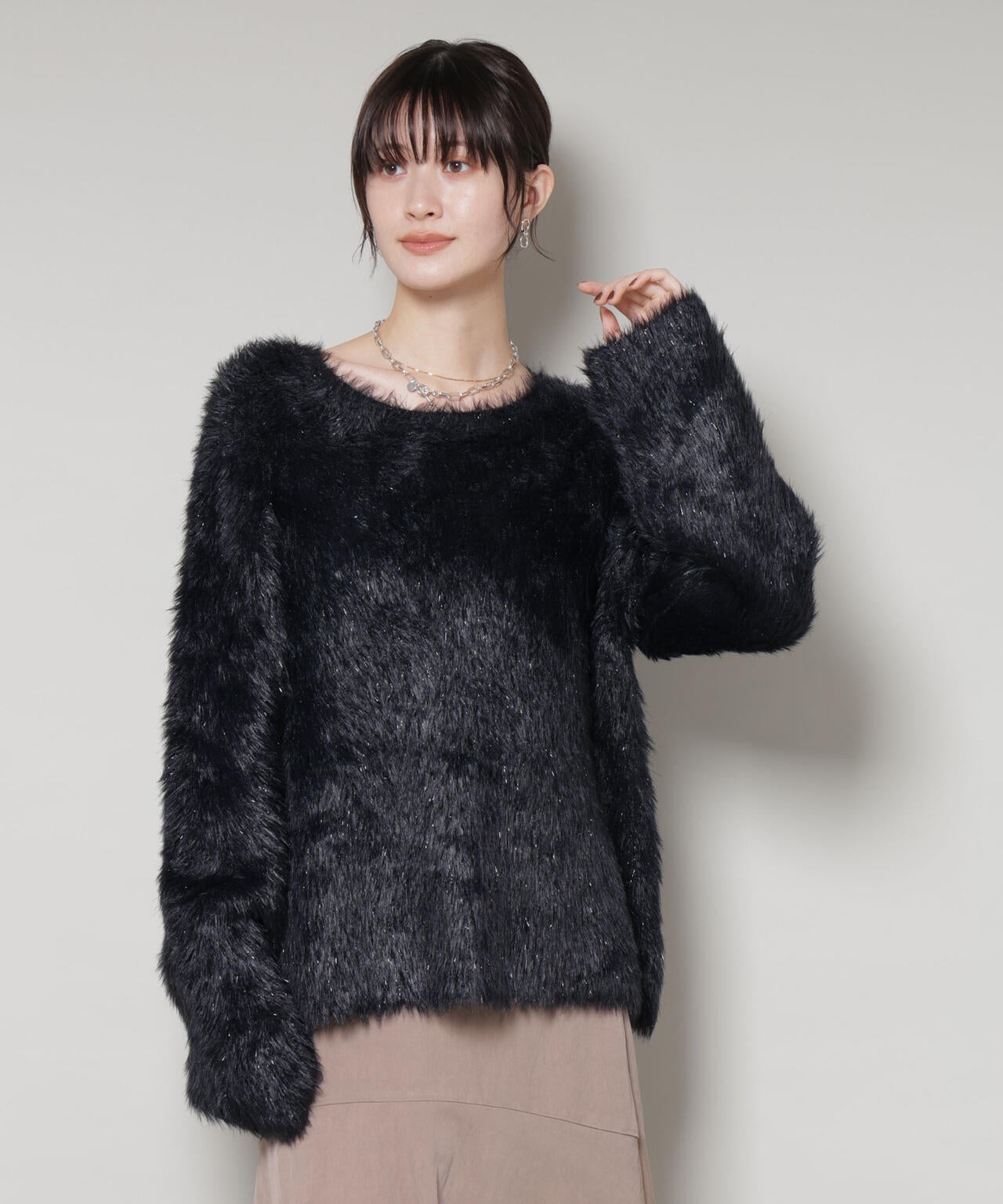 ミックスシャギー ボートネック ワイドニット