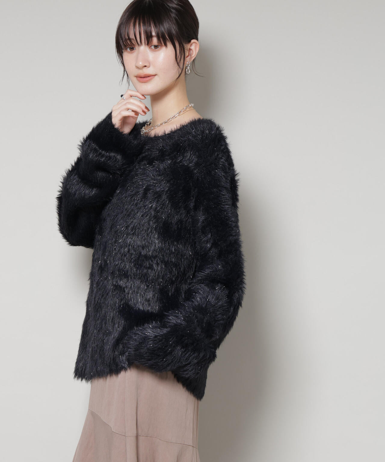 ミックスシャギー ボートネック ワイドニット