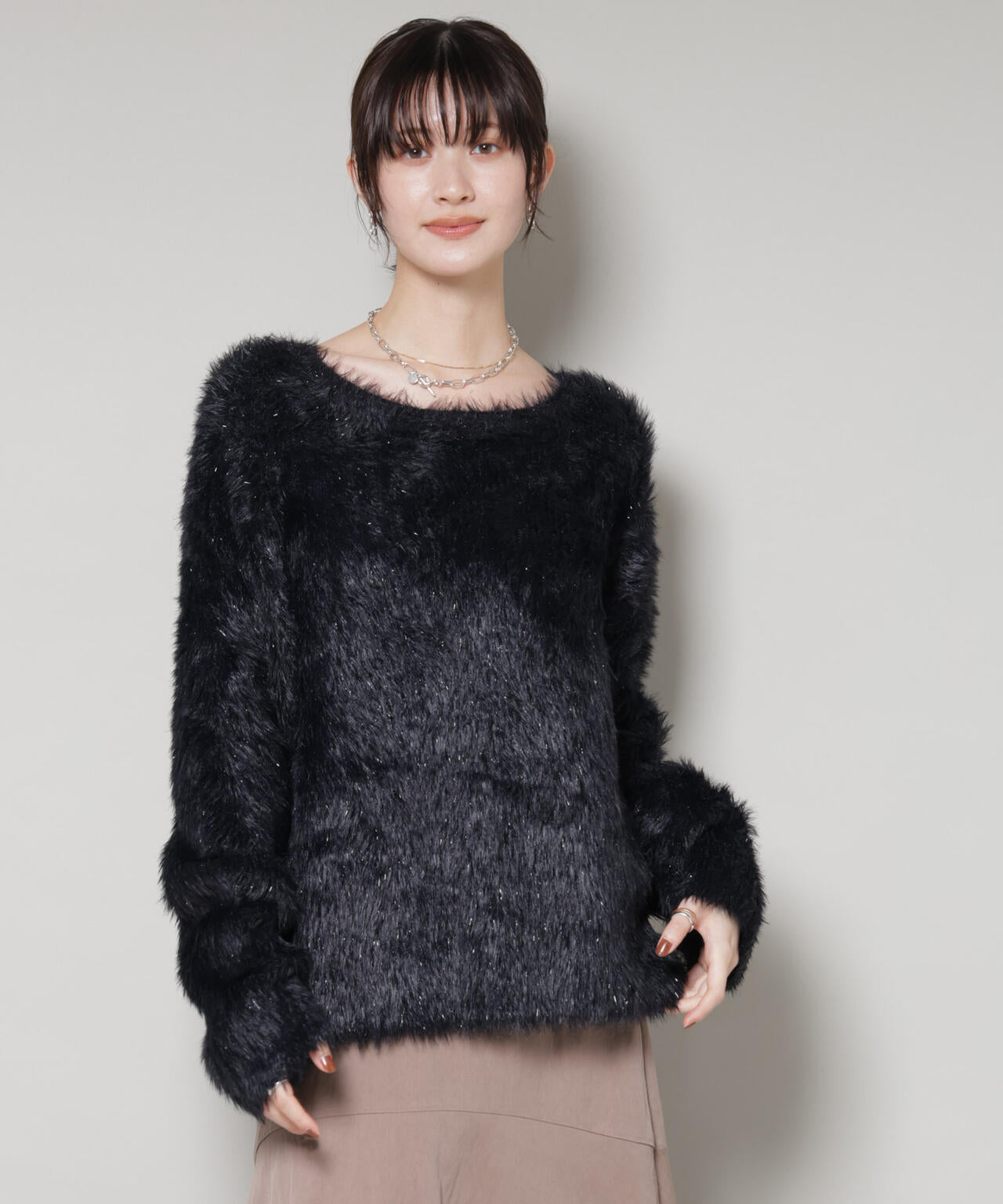 ミックスシャギー ボートネック ワイドニット