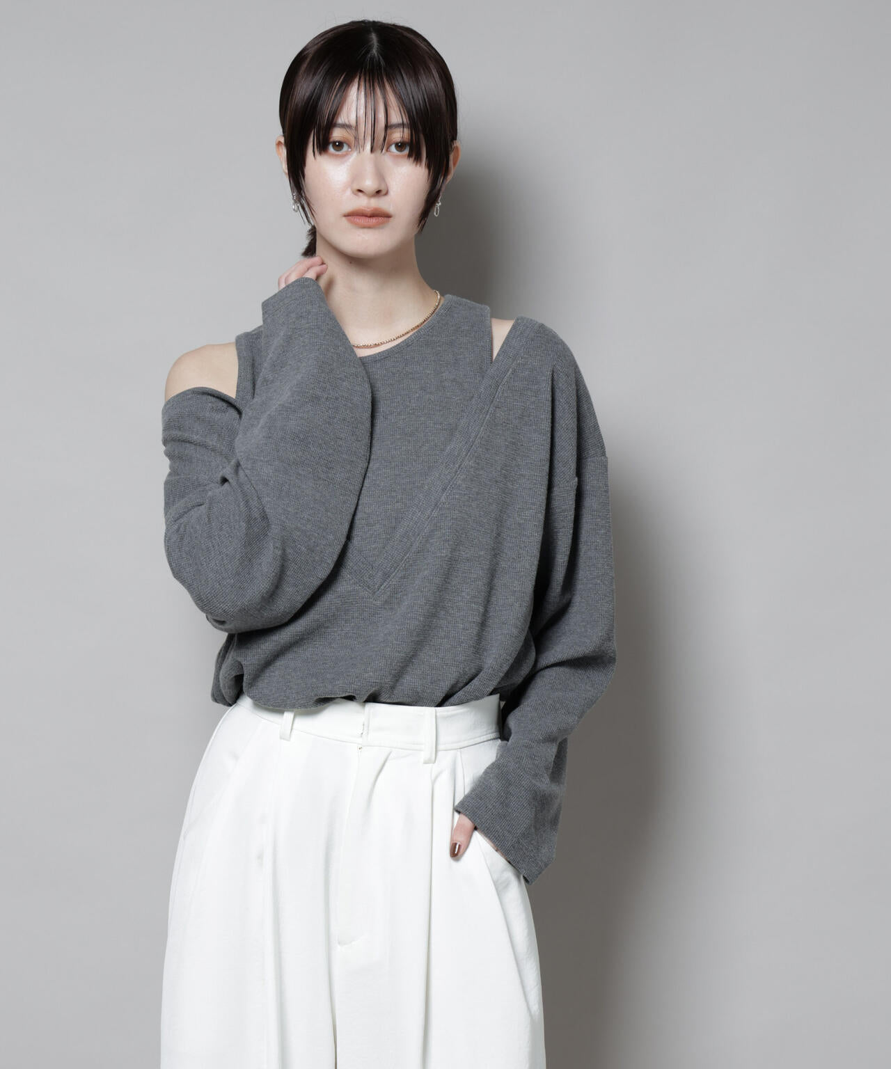 フェイクレイヤードワッフルカットトップス 6735223305