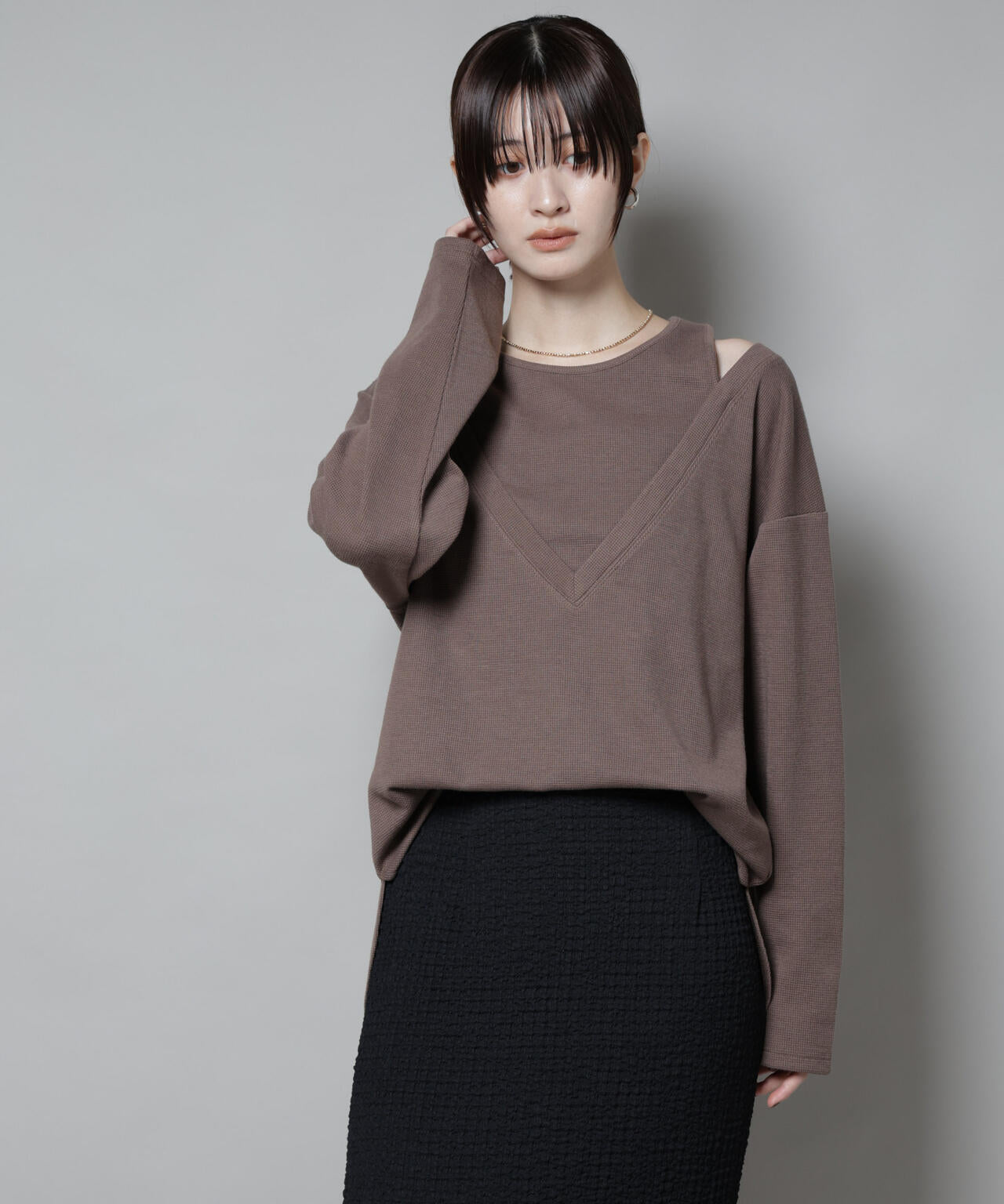 tシャツ フェイクレイヤードワッフルカットトップス レディース フェイク レイヤード ワッフル カットトップス