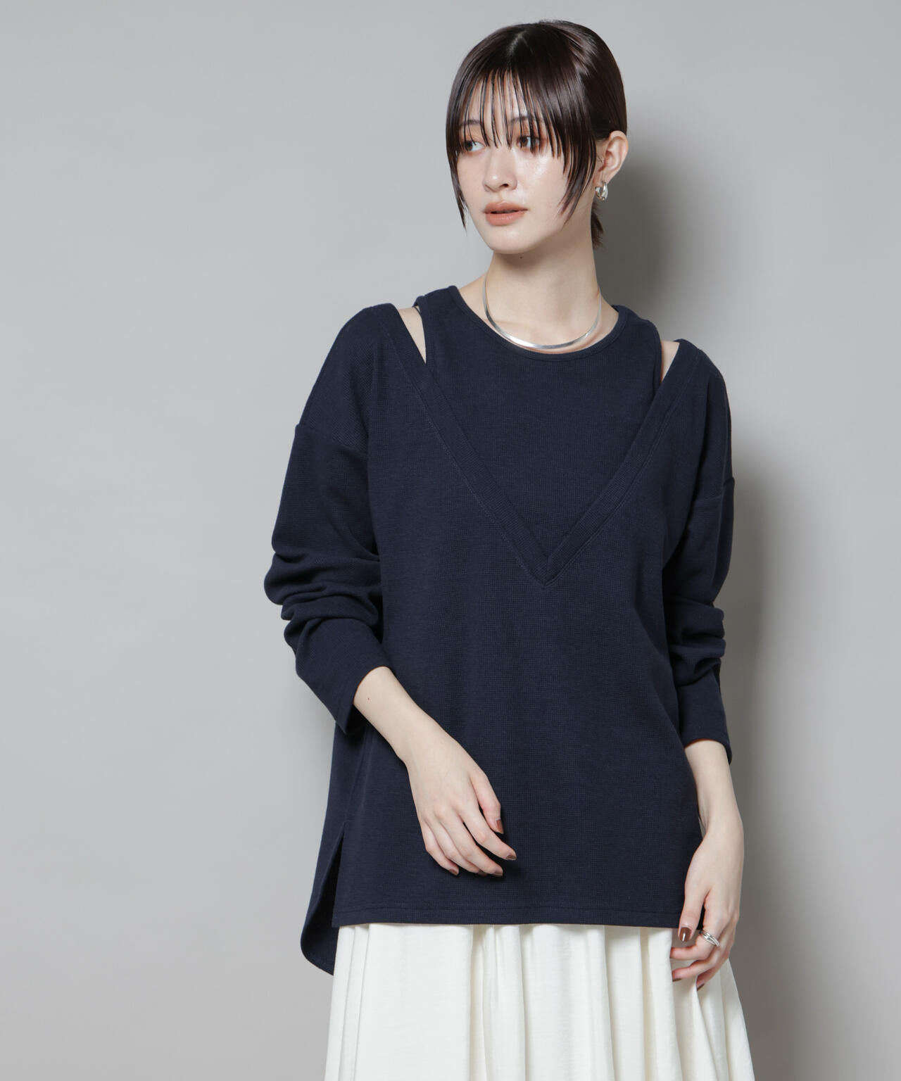 tシャツ フェイクレイヤードワッフルカットトップス レディース フェイク レイヤード ワッフル カットトップス