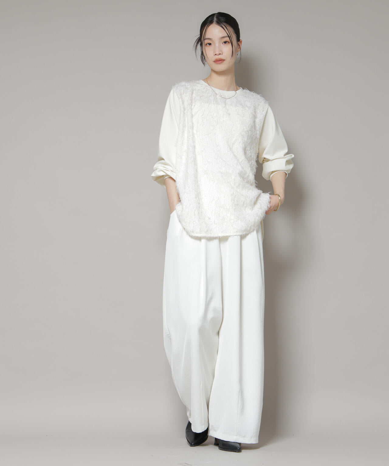 やぎさわ フロントシャギー コンビ カット トップス