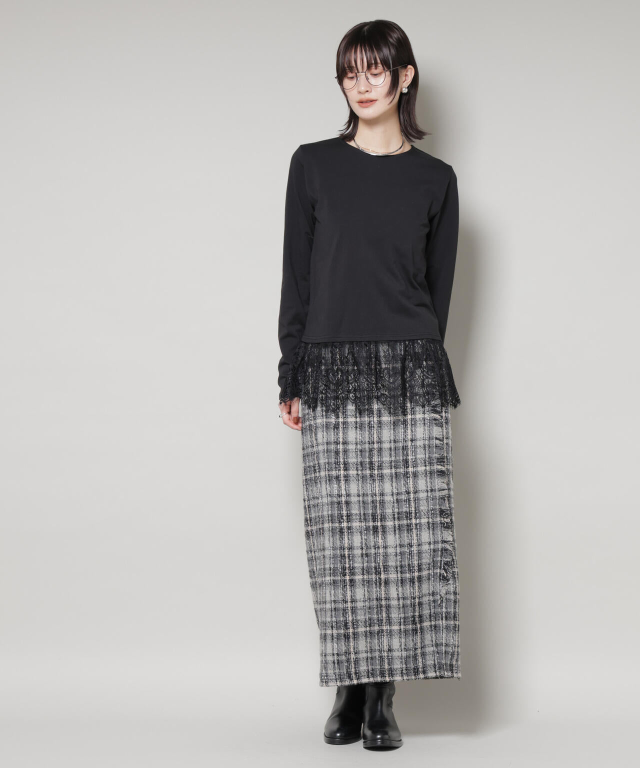 裾レース ドッキング ロング Tシャツ