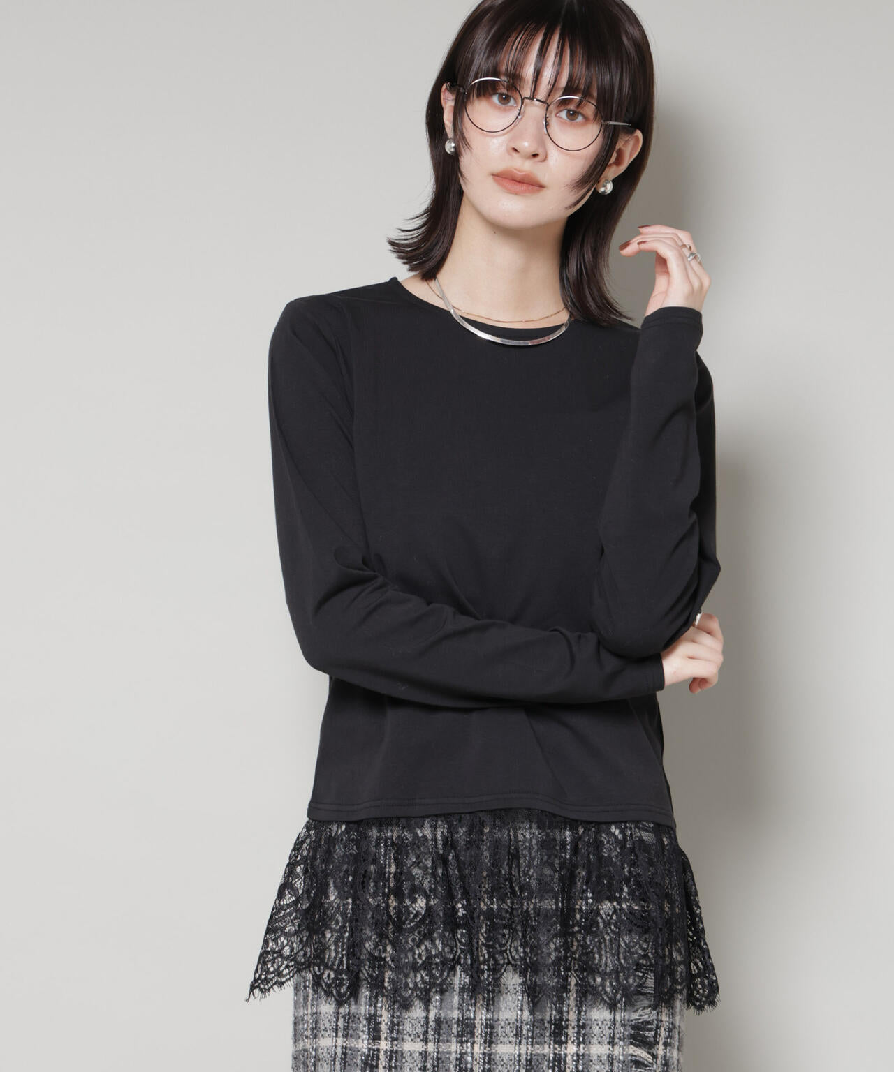 裾レースドッキングロングTシャツ