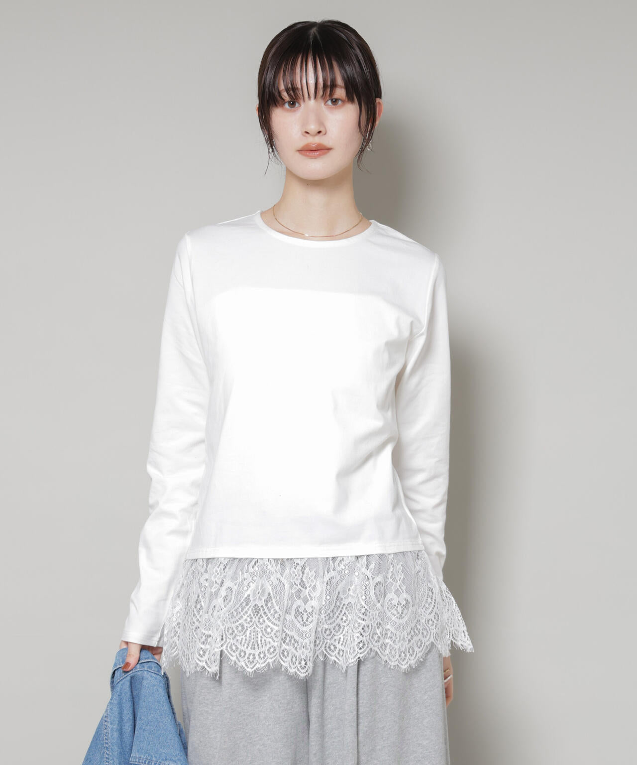 裾レース ドッキング ロング Tシャツ