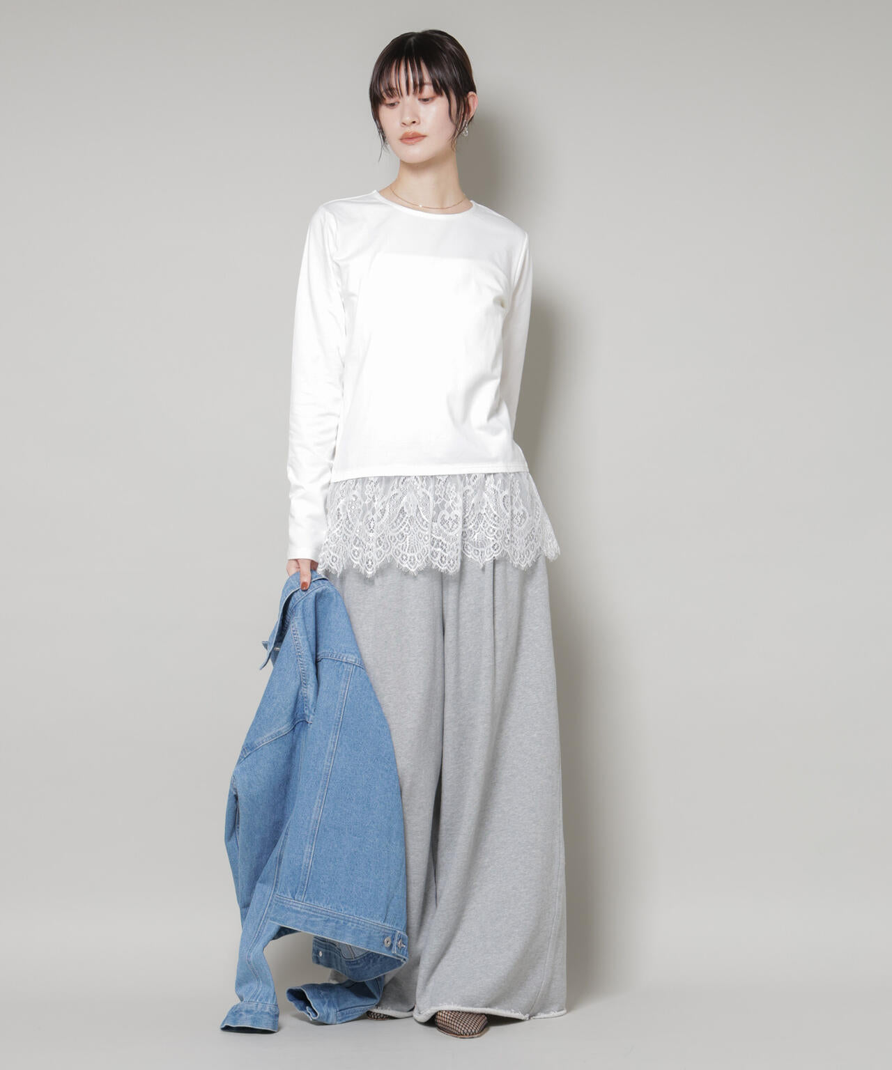 裾レース ドッキング ロング Tシャツ
