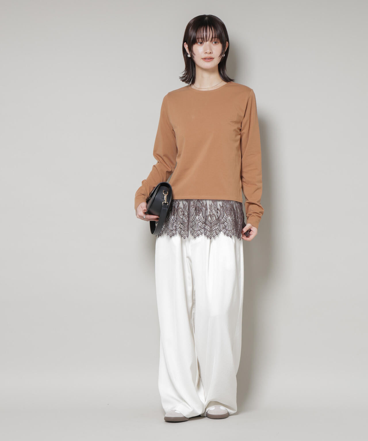 裾レース ドッキング ロング Tシャツ
